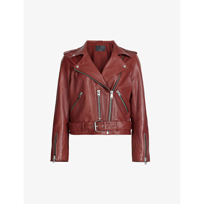 Shop Allsaints Balfern Stud-embellished Leather Biker Jacket In Fire Red
