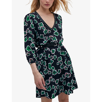 Shop Ikks Womens Black Floral-print V-neck Woven Mini Dress