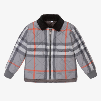 Shop Burberry Boys Grey Oversized Check Quilted Jacket