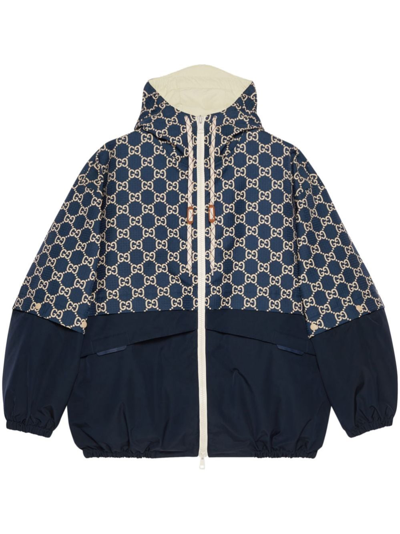 Shop Gucci `gg` Ripstop With Leather Blouson In Blue
