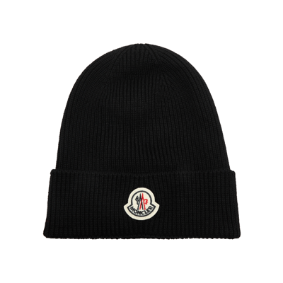 Shop Moncler Ribbed Wool Beanie In Black
