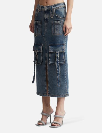Shop Blumarine Cargo Denim Midi Skirt In Blue