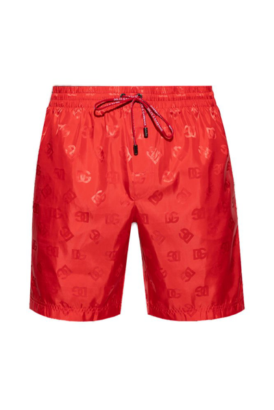 Shop Dolce & Gabbana Monogram Jacquard Drawstring Swim Shorts In Red
