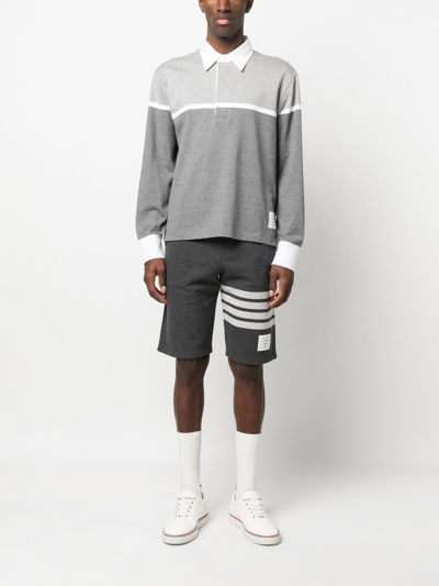 Shop Thom Browne Long Sleeve Cotton Polo Shirt In Grey