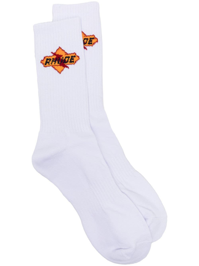 Shop Rhude Intarsia-knit Ribbed Socks In White