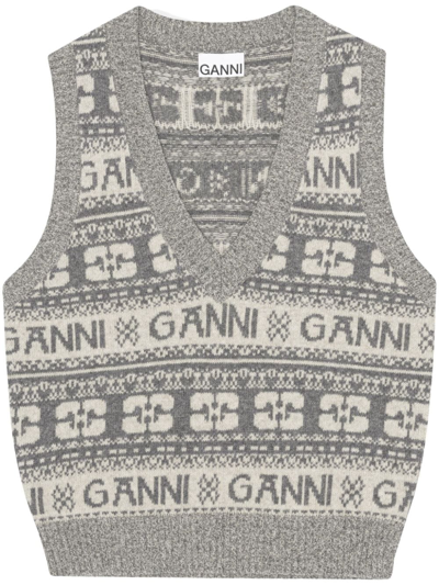 Shop Ganni Logo Intarsia-knit Knitted Vest In Grey