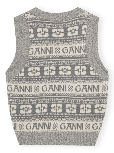 Shop Ganni Logo Intarsia-knit Knitted Vest In Grey