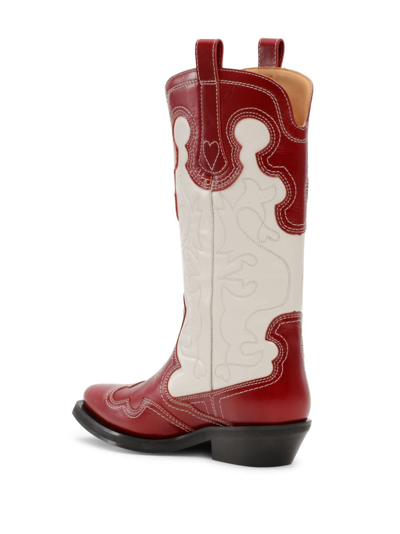 Shop Ganni Stitched Leather Cowboy Boots In White