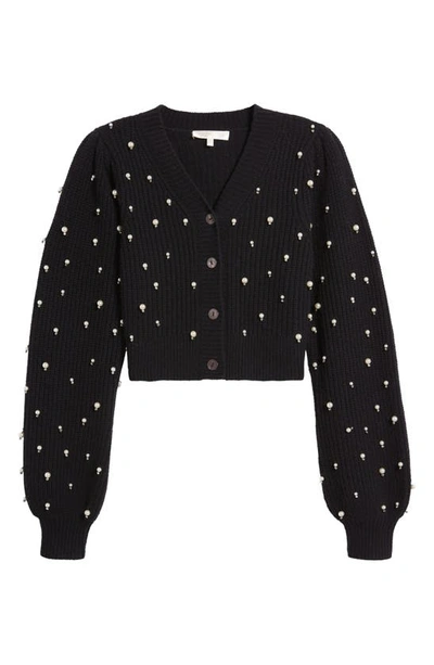 Shop Loveshackfancy Frances Imitation Pearl Crop Wool & Cashmere Cardigan In Black
