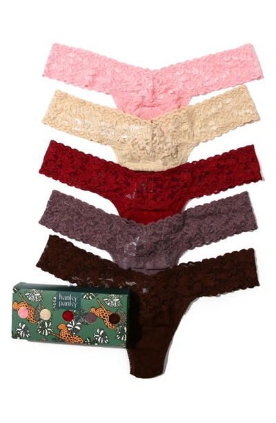 Hanky Panky 5 Pack Low Rise Signature Lace Thongs In Printed Box In Pink/ Sand/ Fine/ Dusk/ Dcob