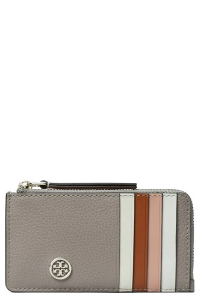 Shop Tory Burch Robinson Pebbled Leather Card Case In Gray Heron