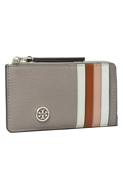 Shop Tory Burch Robinson Pebbled Leather Card Case In Gray Heron