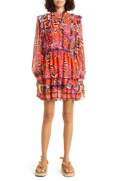 Shop Farm Rio Mixed Floral Ruffle Long Sleeve Dress In Pink/ Red Mixed
