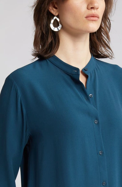 Shop Eileen Fisher Mandarin Collar Silk Blouse In Alpine