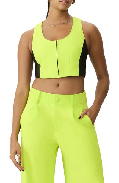 Shop Gstq Luxe Colorblock Crop Zip-up Vest In Acid Lime