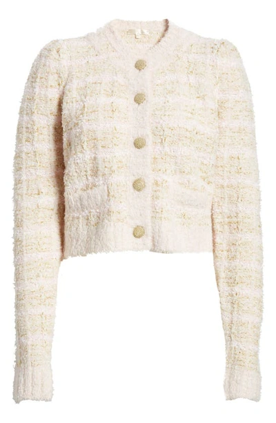 Shop Loveshackfancy Saxson Metallic Crop Tweed Cardigan In Cream Puff Pink