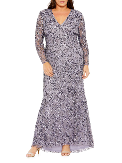 Shop Mac Duggal Women's Plus Size V-neck Sequin Embellished Long-sleeved Gown In Vintage Lilac