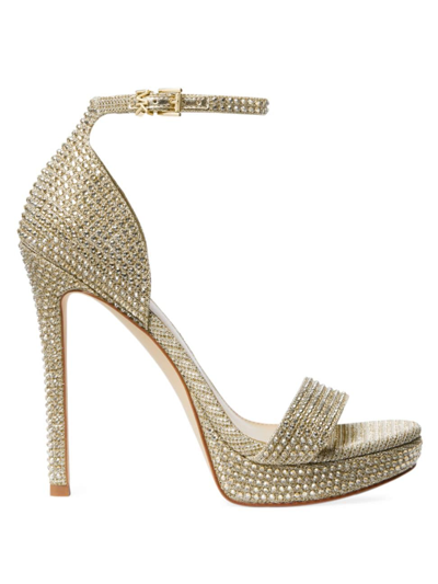 Shop Michael Michael Kors Women's Jordyn 121mm Metallic Crystal-embellished Platform Sandals In Pale Gold