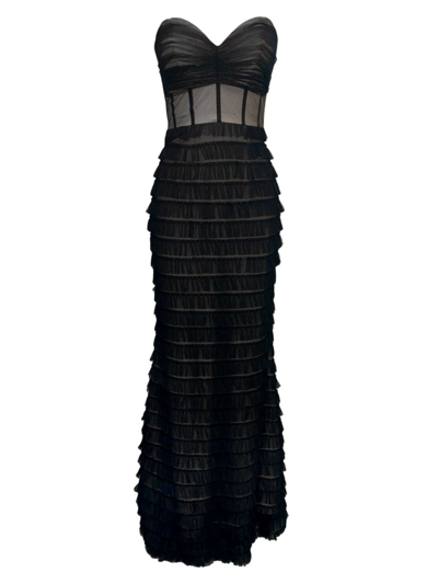 Shop Dress The Population Women's Grace Tiered Ruffled Mesh Gown In Black Beige