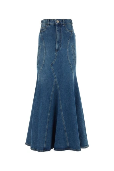 Shop Burberry Woman Stretch Denim Skirt In Blue