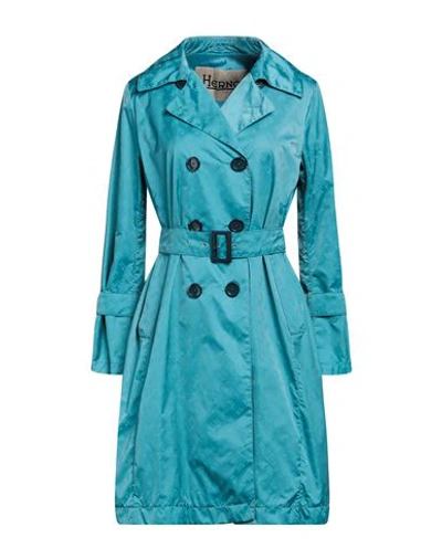Shop Herno Woman Overcoat & Trench Coat Turquoise Size 8 Polyamide In Blue