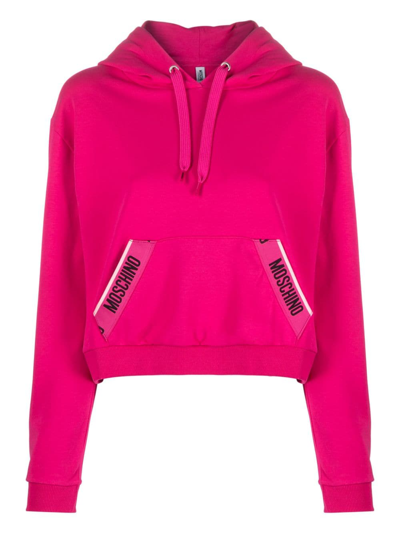 Shop Moschino Cropped Logo-print Cotton Hoodie In Pink