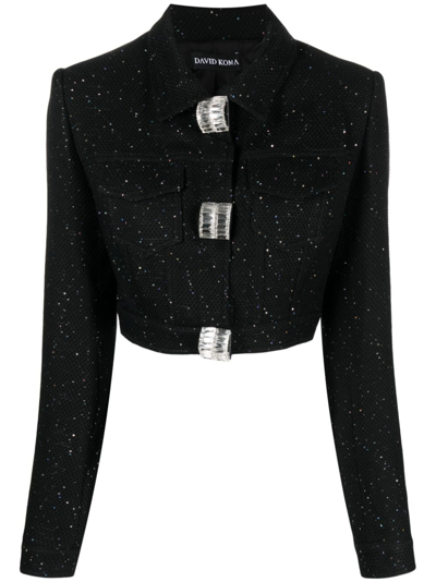 Shop David Koma Sequin-embellished Bouclé Cropped Jacket In Black