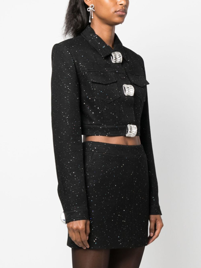 Shop David Koma Sequin-embellished Bouclé Cropped Jacket In Black