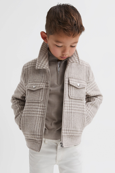 Shop Reiss Peridoe - Oatmeal Check Junior Wool Trucker Jacket, Age 4-5 Years