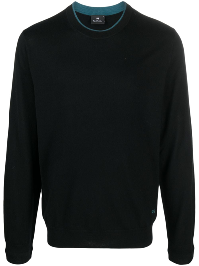 Ps By Paul Smith Logo-embroidered Merino Jumper In Black