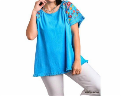 Shop Umgee Linen Plus Top With Embroidered Sleeves In Aqua In Blue
