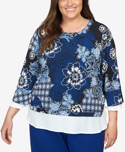 Shop Alfred Dunner Plus Size Downtown Vibe Floral Flutter Sleeve Top With Woven Trim In Multi