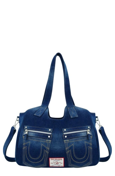 Shop True Religion Brand Jeans Horseshoe Stitched Denim Shoulder Bag In Dark Denim