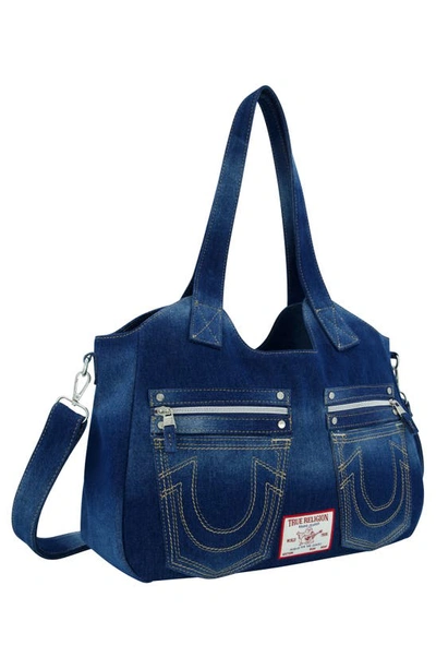 Shop True Religion Brand Jeans Horseshoe Stitched Denim Shoulder Bag In Dark Denim