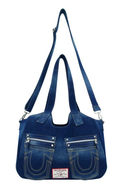 Shop True Religion Brand Jeans Horseshoe Stitched Denim Shoulder Bag In Dark Denim