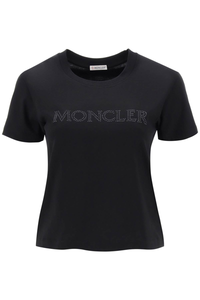 Shop Moncler Basic T Shirt With Rhinestone Logo In Black