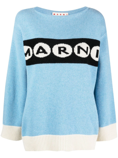 Shop Marni Intarsia-knit Logo Virgin Wool Jumper In Blau