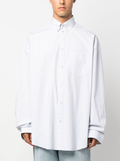 Shop Balenciaga Striped Logo-print Cotton Shirt In Blue