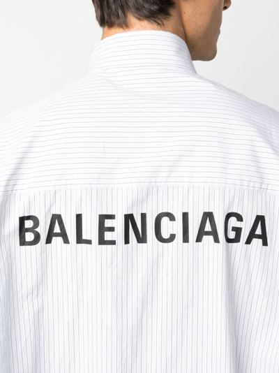 Shop Balenciaga Striped Logo-print Cotton Shirt In Blue
