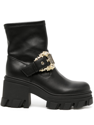 Shop Versace Jeans Couture 80mm Logo-engraved Buckle Leather Boots In Schwarz