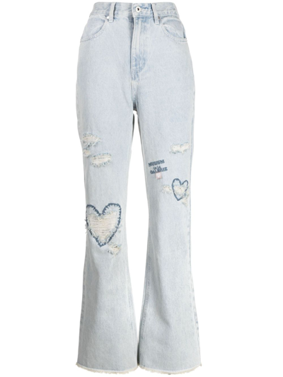 Shop Musium Div. Ripped Whipstitch Cotton Flared Jeans In Blau