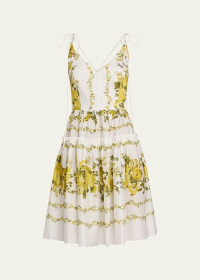 Shop Erdem Bouquet-print Flared Dress With Tie Straps In Soft Blossom Yell