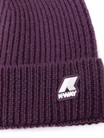Shop K-way Logo-appliqué Wool Knitted Beanie In Purple
