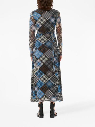 Shop Ganni Check-print Wrap Midi Dress In Blue