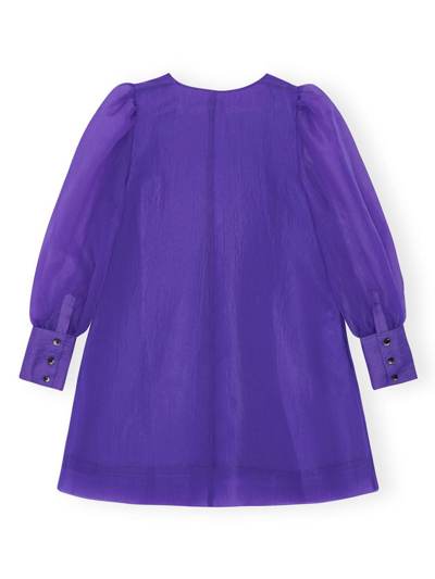 Shop Ganni Puff-sleeve Recycled-polyester Minidress In Purple