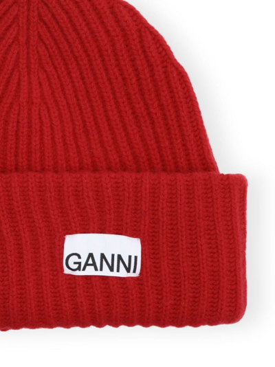 Shop Ganni Logo-patch Ribbed Wool Beanie In Red