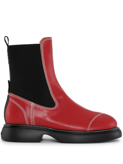 Shop Ganni Contrast-stitching 30mm Faux-leather Chelsea Boots In Red