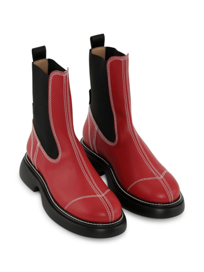 Shop Ganni Contrast-stitching 30mm Faux-leather Chelsea Boots In Red