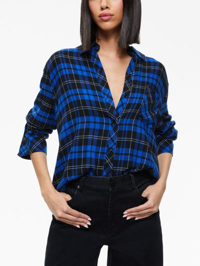 Shop Alice And Olivia Finely Check-pattern Flannel Shirt In Blue