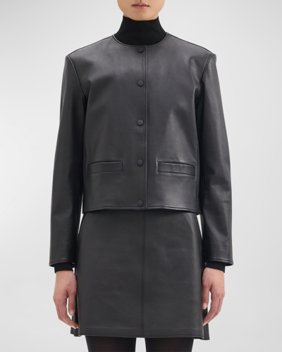 Shop Theory Nappa Leather Straight Crop Jacket In Blk